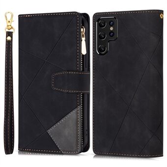 Zipper Pocket Color Splicing Lines Design PU Leather Wallet Stand Phone Cover with Strap for Samsung Galaxy S22 Ultra 5G