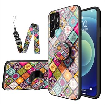 Drop-resistant Well-protected Tempered Glass + PC + TPU Kickstand Phone Cover Case with Lanyard for Samsung Galaxy S22 Ultra 5G