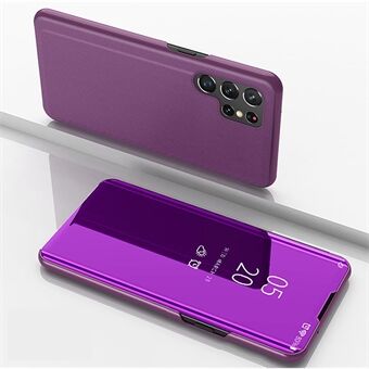 Mirror Surface Electroplating Design PU Leather+PC Clear View Window Phone Protective Cover Case with Stand for Samsung Galaxy S22 Ultra 5G