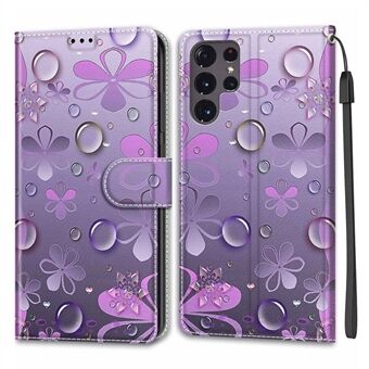 Pattern Printing PU Leather Stand Card Holder Phone Case with Wrist Strap for Samsung Galaxy S22 Ultra 5G