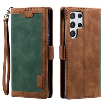 Stand Wallet Design Scratch-resistant Retro Style Color Splicing PU Leather Phone Case with Handy Strap for Samsung Galaxy S22 Ultra 5G