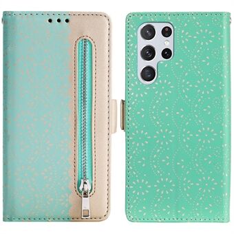 All-round Protection Lace Leather Case Zipper Wallet Stand Phone Cover with Bowknot Strap for Samsung Galaxy S22 Ultra 5G