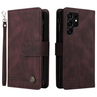 Imprinting Stripes PU Leather Shockproof Phone Cover Zipper Pocket Multiple Card Slots Protective Case for Samsung Galaxy S22 Ultra 5G