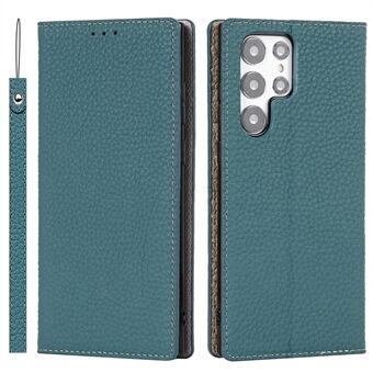 Full Protection Litchi Texture Genuine Leather Cover Stand Shockproof Flip Wallet Case with Strap for Samsung Galaxy S22 Ultra 5G