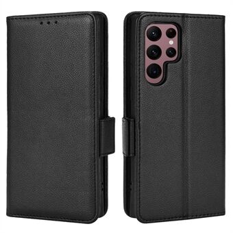 For Samsung Galaxy S22 Ultra 5G Stand Design Side Magnetic Clasps Litchi Texture PU Leather Wallet Mobile Phone Case Shell - Black