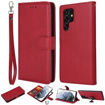 KT Leather Series-3 Detachable 2-in-1 Design Phone Case for Samsung Galaxy S22 Ultra 5G, PU Leather Wallet Stand Magnetic Shockproof Protective Cover with Strap