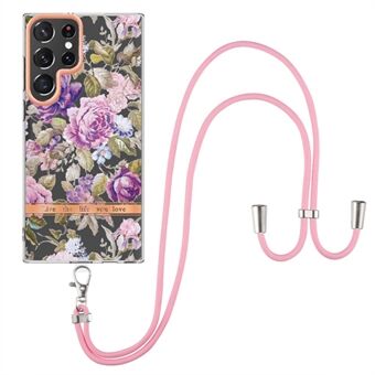 For Samsung Galaxy S22 Ultra 5G YB IMD-9 Series Flower Pattern TPU Case Electroplating IMD IML Anti-fall Phone Cover with Lanyard