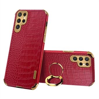 For Samsung Galaxy S22 Ultra 5G Shockproof Phone Cover Bag Crocodile Texture Kickstand Electroplating Finger Ring Holder PU Leather Coated TPU Phone Case