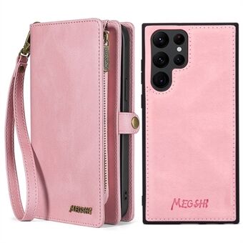 MEGSHI 017 Series Detachable Magnet Cover for Samsung Galaxy S22 Ultra 5G, Zipper Purse PU Leather Shockproof Flip Case with Wrist Strap