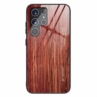 For Samsung Galaxy S22 Ultra 5G Wooden Pattern Tempered Glass Back + TPU Edge Hybrid Phone Cover Case