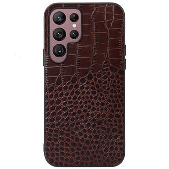 For Samsung Galaxy S22 Ultra 5G Genuine Cowhide Leather Coating Phone Case Crocodile Texture Scratch-resistant PC + TPU Shell