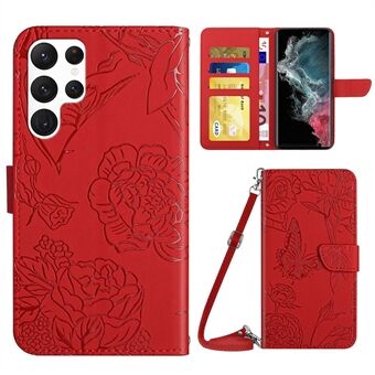 For Samsung Galaxy S22 Ultra 5G Butterfly Flowers Imprinting PU Leather Phone Shell, Pattern Imprinting Design Wallet Adjustable Stand Case with Shoulder Strap