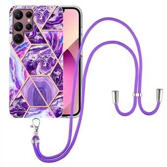 YB IMD Series-5 Slim Lightweight TPU Phone Cover for Samsung Galaxy S22 Ultra 5G, Shock Absorbent IMD IML Marble Pattern Electroplating Flexible Phone Case with Adjustable Lanyard