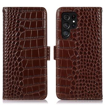 For Samsung Galaxy S22 Ultra 5G Full Protection RFID Blocking Genuine Cowhide Leather Wallet Phone Cover, Crocodile Texture Stand Magnetic Flip Folio Case