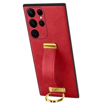 SULADA Fashion Series for Samsung Galaxy S22 Ultra 5G Crazy Horse Texture Case Hand Strap Kickstand Electroplating Leather Coated PC Phone Cover