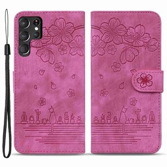 For Samsung Galaxy S22 Ultra 5G Anti-fall Phone Wallet Case Cherry Blossom Cat Imprinted PU Leather Stand Well Protection Cellphone Cover with Strap