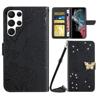 For Samsung Galaxy S22 Ultra 5G Butterfly Flowers Imprinting PU Leather TPU Case Rhinestone Decor Phone Cover with Wallet Stand and Shoulder Strap