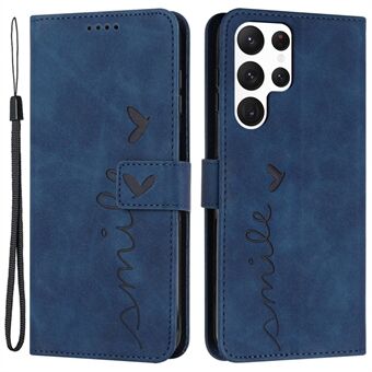 Heart Shape Imprinted Case for Samsung Galaxy S22 Ultra 5G, Anti-shock Phone Case Skin-touch Feeling PU Leather Wallet Stand Design Magnetic Cover with Strap