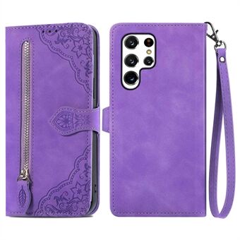 For Samsung Galaxy S22 Ultra 5G Imprinted Leather Full Protection Magnetic Phone Case Zipper Pocket Design Wallet Style Shell with Stand