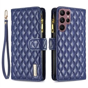 BINFEN COLOR for Samsung Galaxy S22 Ultra 5G BF Style-15 Imprinted Rhombus Pattern Case with Zipper Pocket Viewing Stand Matte PU Leather Wallet Cover