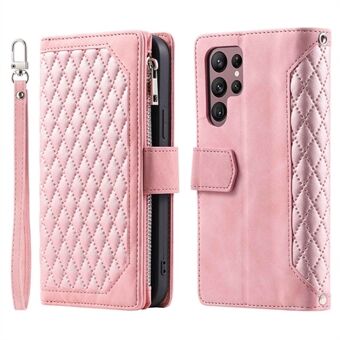 005 Style for Samsung Galaxy S22 Ultra 5G Rhombus Texture PU Leather Phone Wallet Stand Cover Zipper Pocket Design Anti-drop Case with Wrist Strap