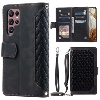 005 Style For Samsung Galaxy S22 Ultra 5G, Shockproof Phone Wallet Cover Zipper Pocket Anti-wear Case Rhombus Texture PU Leather Shell Stand with Strap Card Holder