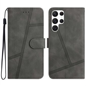 PU Leather Phone Cover for Samsung Galaxy S22 Ultra 5G, Skin-touch Feeling Lines Decor Retro Phone Case Stand Wallet