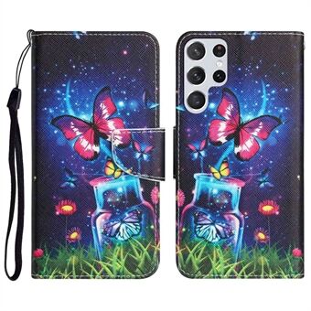 Pattern Printing Phone Case for Samsung Galaxy S22 Ultra 5G, Cross Texture PU Leather Magnetic Clasp Cover with Wallet Stand