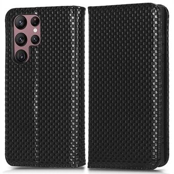 For Samsung Galaxy S22 Ultra 5G Full Protection PU Leather Phone Case Grid Texture Magnetic Auto-absorbed Phone Cover with Wallet