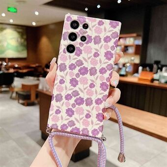 For Samsung Galaxy S22 Ultra 5G Flower Pattern Printed TPU Phone Back Case Anti-scratch Anti-drop Cover with Lanyard