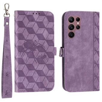 Cell Phone Cover for Samsung Galaxy S22 Ultra 5G, PU Leather Stand Wallet Imprinted Spider Rhombus Pattern Case with Strap