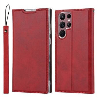 For Samsung Galaxy S22 Ultra 5G Calf Texture PU Leather Drop-proof Case Single Card Slot Magnetic Auto-absorbed Flip Stand Cover with Strap