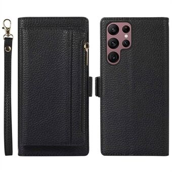 Anti-scratch Phone Cover For Samsung Galaxy S22 Ultra 5G Litchi Texture PU Leather 2-in-1 Magnetic Detachable Zipper Pocket Wallet Case Stand with Strap