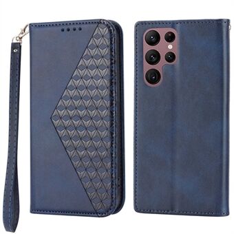 For Samsung Galaxy S22 Ultra 5G Calf Texture Wallet Stand Phone Case PU Leather Imprinted Rhombus Pattern Cover with Strap