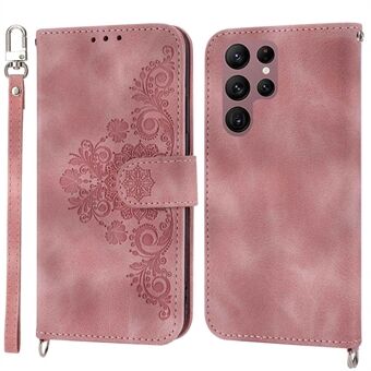 Multiple Card Slots Phone Case For Samsung Galaxy S22 Ultra 5G, Imprinted Flowers PU Leather Flip Stand Skin-touch Cell Phone Cover with Wrist and Shoulder Strap