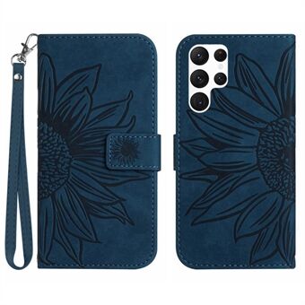 PU Leather Phone Case For Samsung Galaxy S22 Ultra 5G, HT04 Imprinted Sunflower Skin-Touch Stand Magnetic Closure Anti-drop Phone Wallet Cover with Strap