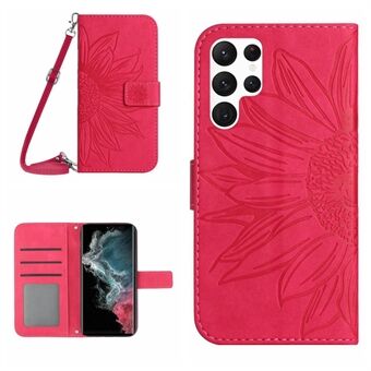 For Samsung Galaxy S22 Ultra 5G HT04 Anti-scratch Imprinted Sunflower Phone Cover Skin-touch PU Leather Stand Wallet Case with Shoulder Strap