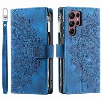 For Samsung Galaxy S22 Ultra 5G Zipper Pocket Phone Case, Mandala Flower Imprinted PU Leather Stand Cover Multiple Card Slots Wallet