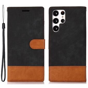 For Samsung Galaxy S22 Ultra 5G Skin-Touch Feeling Flip Folio Wallet Cover Bi-Color Splicing PU Leather Stand Magnetic Closure Protective Phone Case with Strap