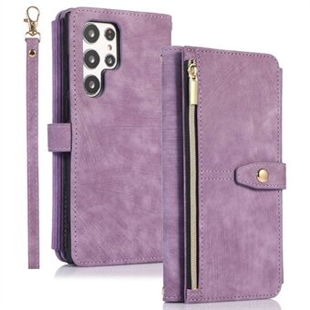 For Samsung Galaxy S22 Ultra 5G Zipper Pocket PU Leather Multiple Card Slots Phone Case Magnetic Phone Wallet Stand Cover