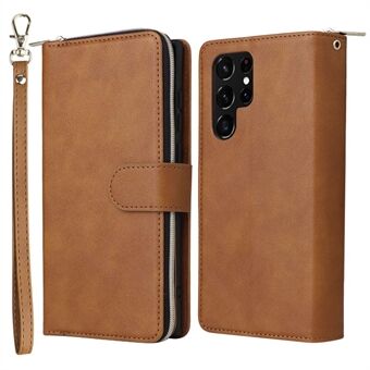 For Samsung Galaxy S22 Ultra 5G Ultra-slim PU Leather Wallet Phone Case 9 Card Slots Zipper Pocket Stand Flip Cover