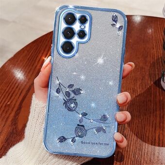 For Samsung Galaxy S22 Ultra 5G Anti-Shock Glitter Powder Flexible TPU Cell Phone Cover Flower Pattern Decor Rhinestone Phone Case Shell