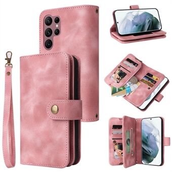 Protective Phone Case for Samsung Galaxy S22 Ultra 5G Zipper Pocket Wallet PU Leather Phone Cover Stand with Straps