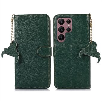 For Samsung Galaxy S22 Ultra 5G Genuine Cow Leather Cover Litchi Texture RFID Blocking Stand Wallet Phone Case