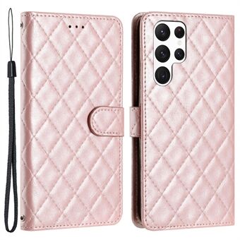 For Samsung Galaxy S22 Ultra 5G Cell Phone Case Stitching Line Rhombus PU Leather+TPU Wallet Stand Phone Cover