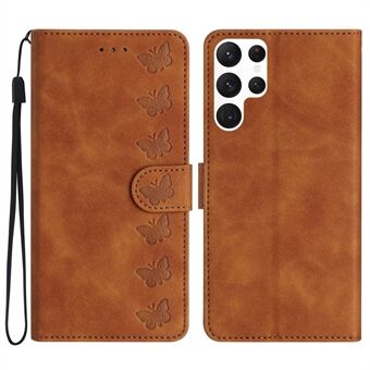 For Samsung Galaxy S22 Ultra 5G Fall-proof Stand Wallet Case Butterfly Imprinted Leather Cover