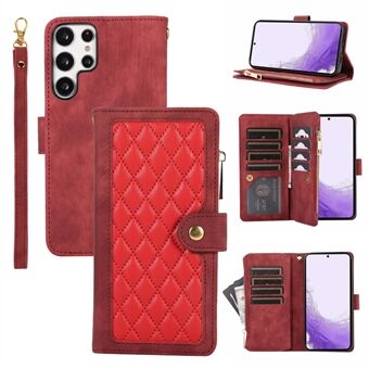 For Samsung Galaxy S22 Ultra 5G Multiple Card Slots PU Leather Case Zipper Pocket Rhombus Phone Cover