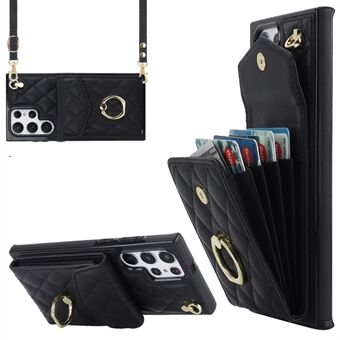 Bump Proof Case for Samsung Galaxy S22 Ultra 5G , PU Leather+TPU Ring Kickstand Multiple Card Slots RFID Blocking Phone Cover