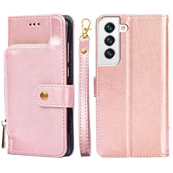 PU Leather+TPU Flip Phone Case Wallet Stand Design Zipper Pocket Phone Cover Shell with Strap for Samsung Galaxy S22 5G - Rose Gold