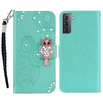 Owl Flower Imprinted Design PU Leather Wallet Stand Flip Case with Rhinestone Decor and Strap for Samsung Galaxy S22 5G